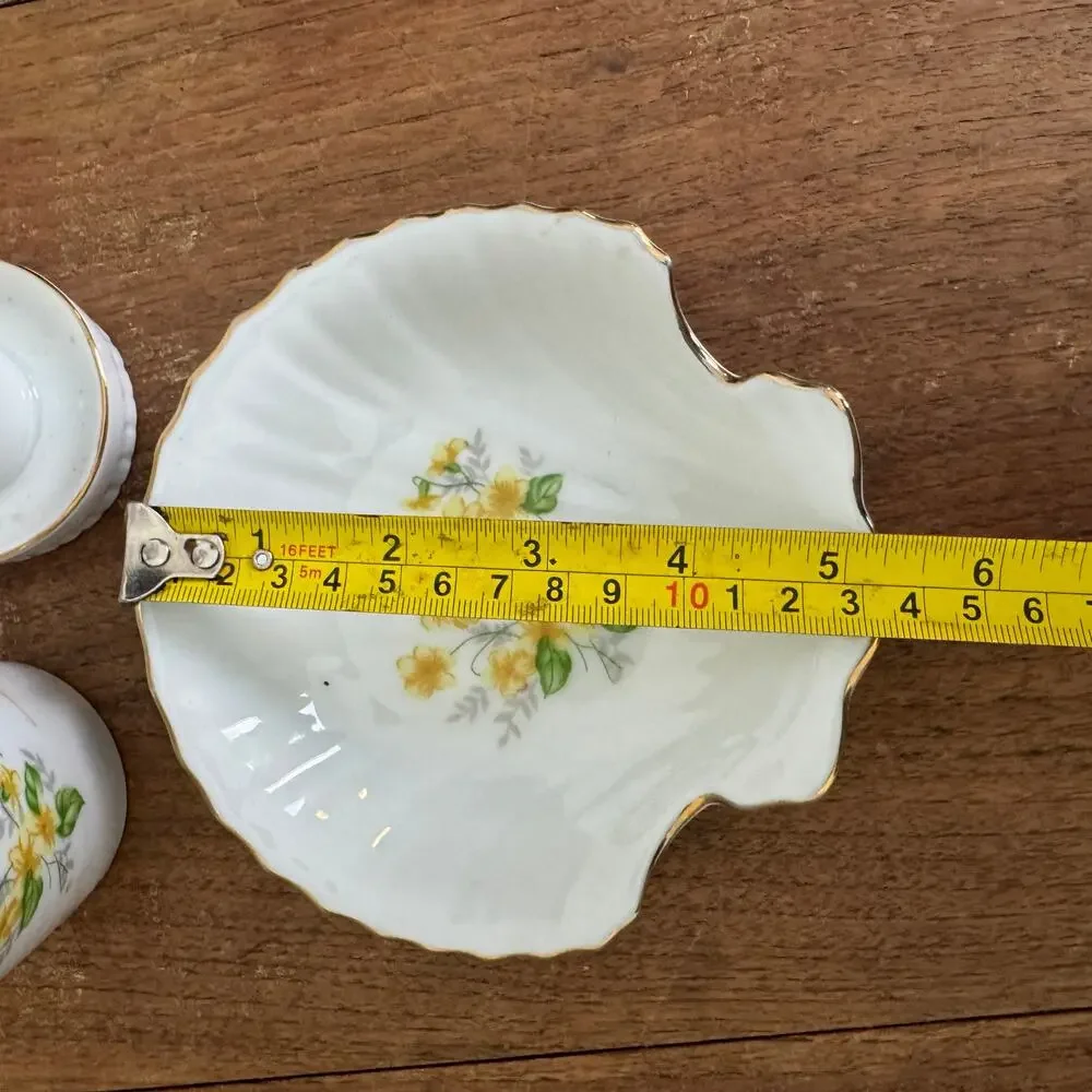 Vintage‎ Japan Porcelain 3pc Bathroom Set Yellow Floral Gold Trim Shell Dish Cup